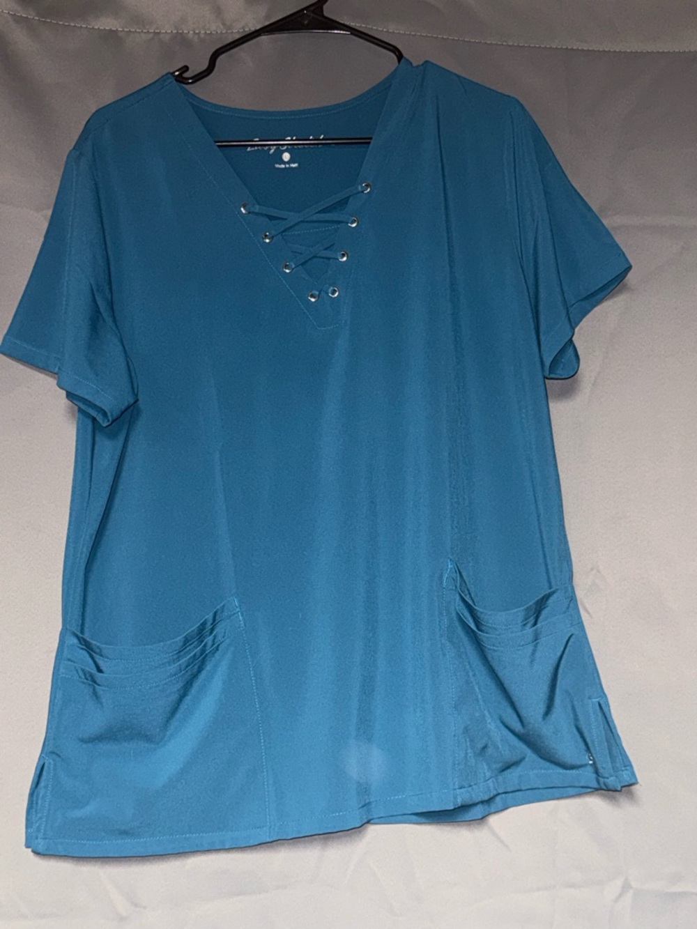 Lace-Up V-Neck Short Sleeve ScrubTop in Teal Blue